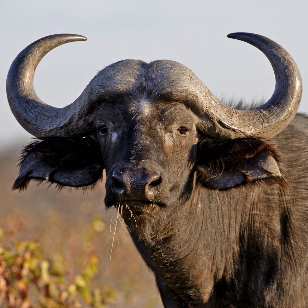 Close-up of an African buffalo with curved horns in savanna brushland