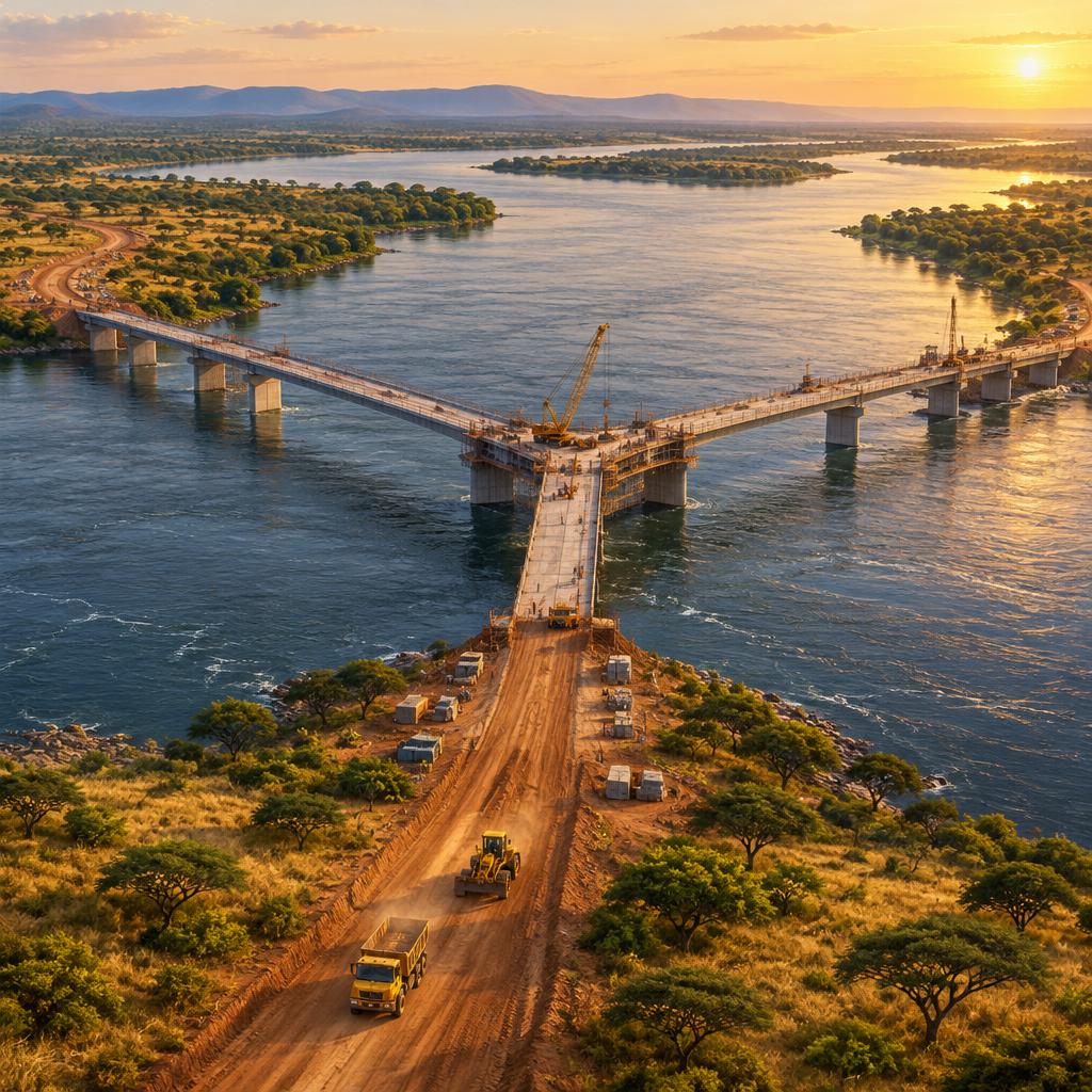 Concept illustration of a Y-shaped bridge under construction across the Zambezi river, joining Zimbabwe, Mozambique and Zambia