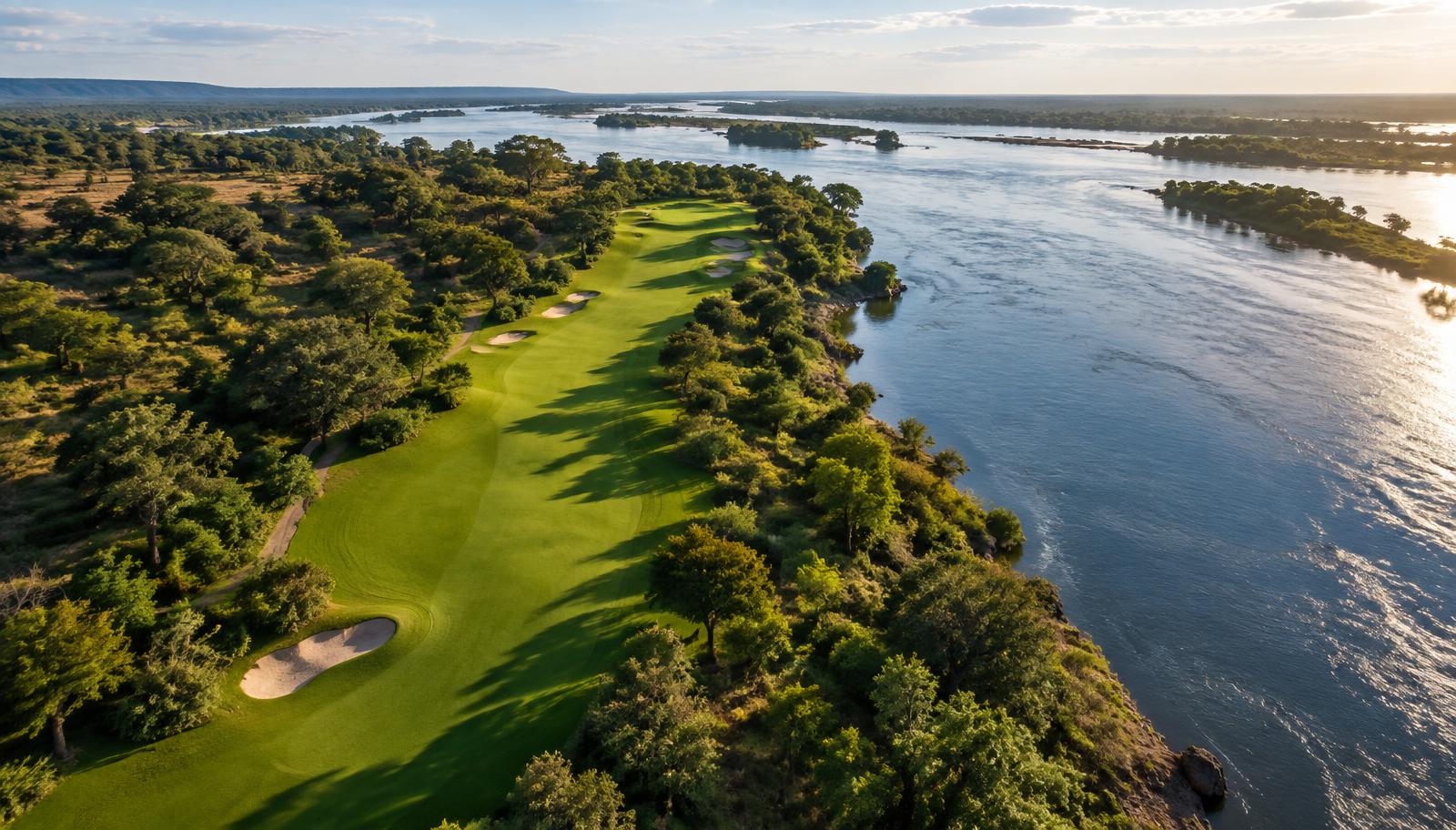 Concept illustration of a golf fairway beside the Zambezi river